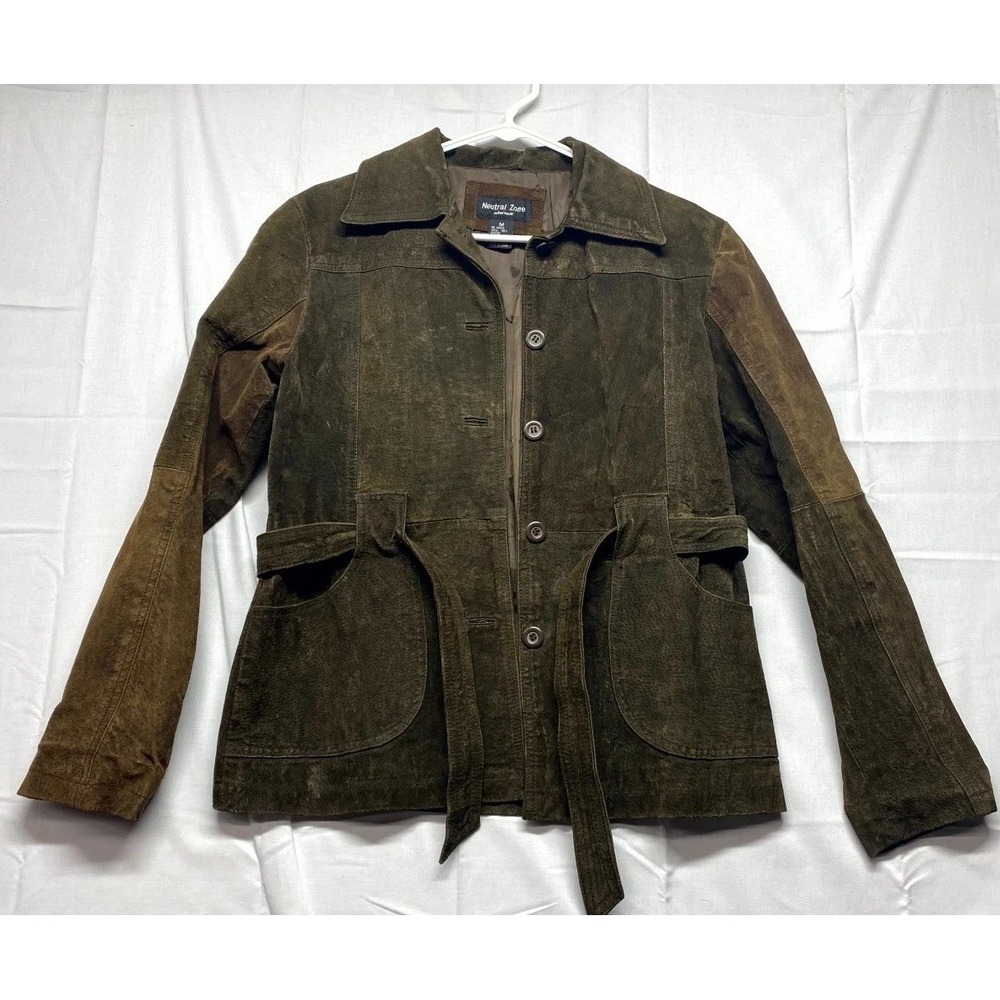 Neutral Zone Suede Leather Jacket Womens Medium Olive Green Belted Outerwear